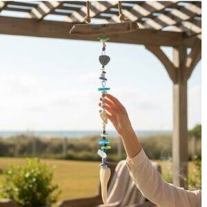 Croft Design Coastal Hanging Mobile Driftwood Sea Glass Sea Shell Beads 24"